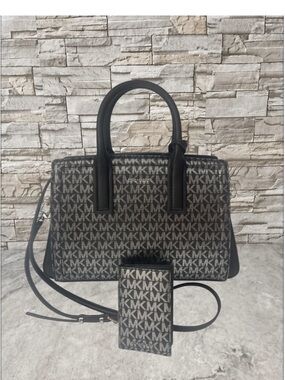 Michael Kors Laila Medium Satchel & Matching Wallet Black Silver Metallic Logo